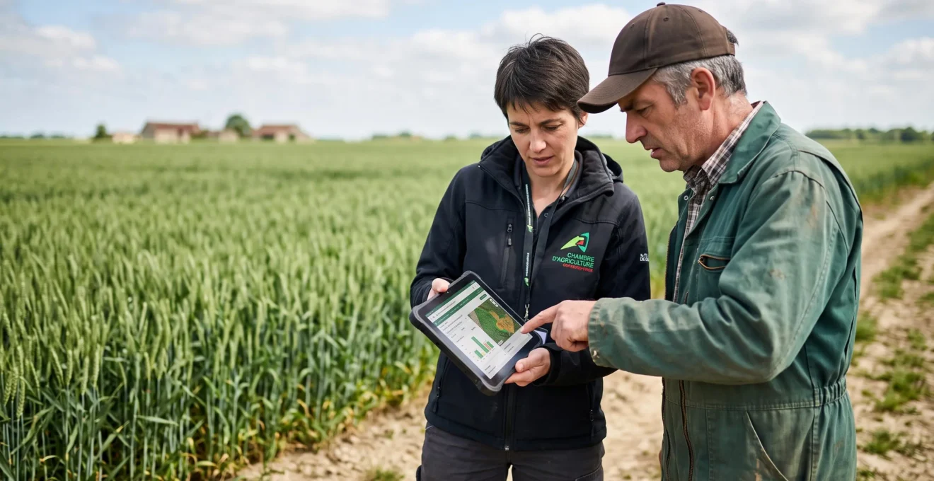 Conseiller technique et exploitant agricole debout en bord de parcelle céréalière, consultant ensemble des données sur tablette, l'exploitant pointant l'écran, échange professionnel en contexte terrain, lumière naturelle