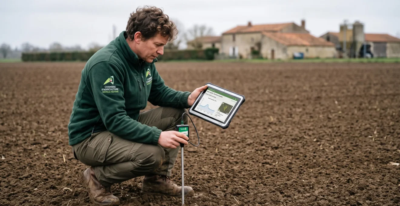 Technicien agricole accroupi dans une parcelle analysant des données de sol sur tablette tout en manipulant une sonde électronique de mesure enfoncée dans le sol, environnement de grandes cultures, lumière naturelle