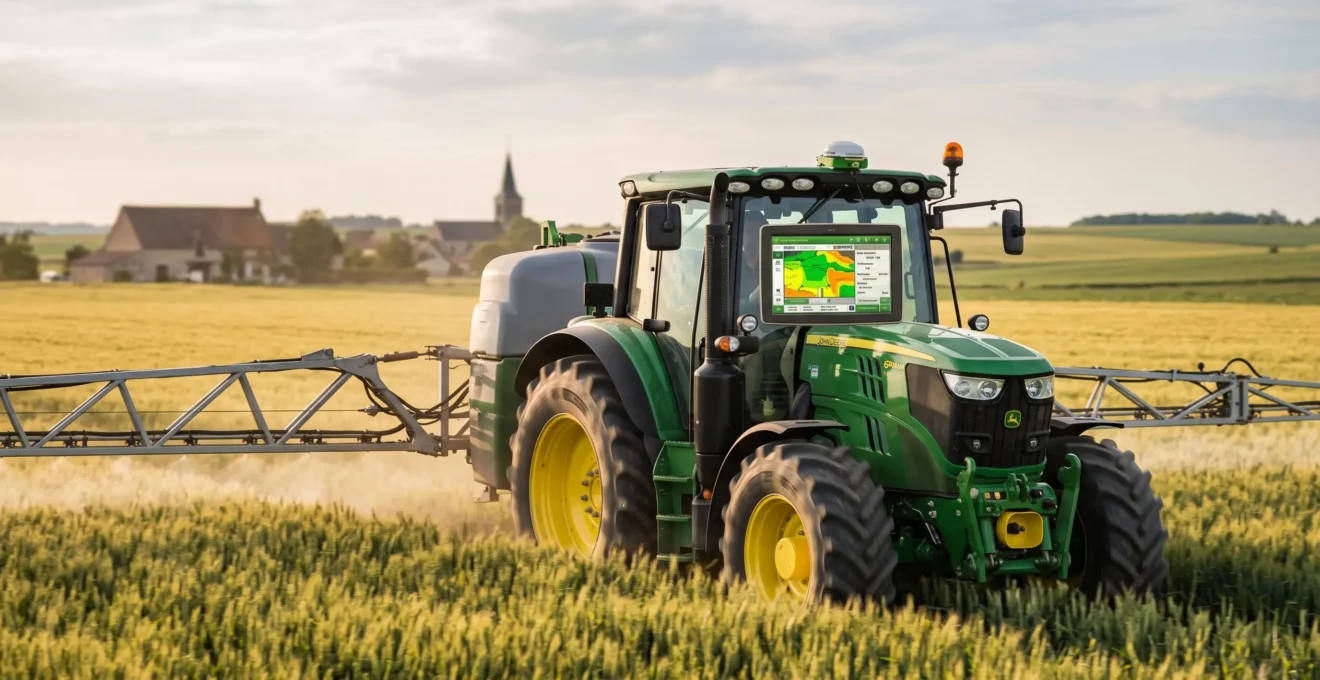 Tracteur moderne équipé d'un système GPS de précision travaillant dans une parcelle de blé, console de guidage visible dans la cabine affichant une cartographie parcellaire, antenne GPS sur le toit, lumière dorée de fin d'après-midi, paysage agricole français